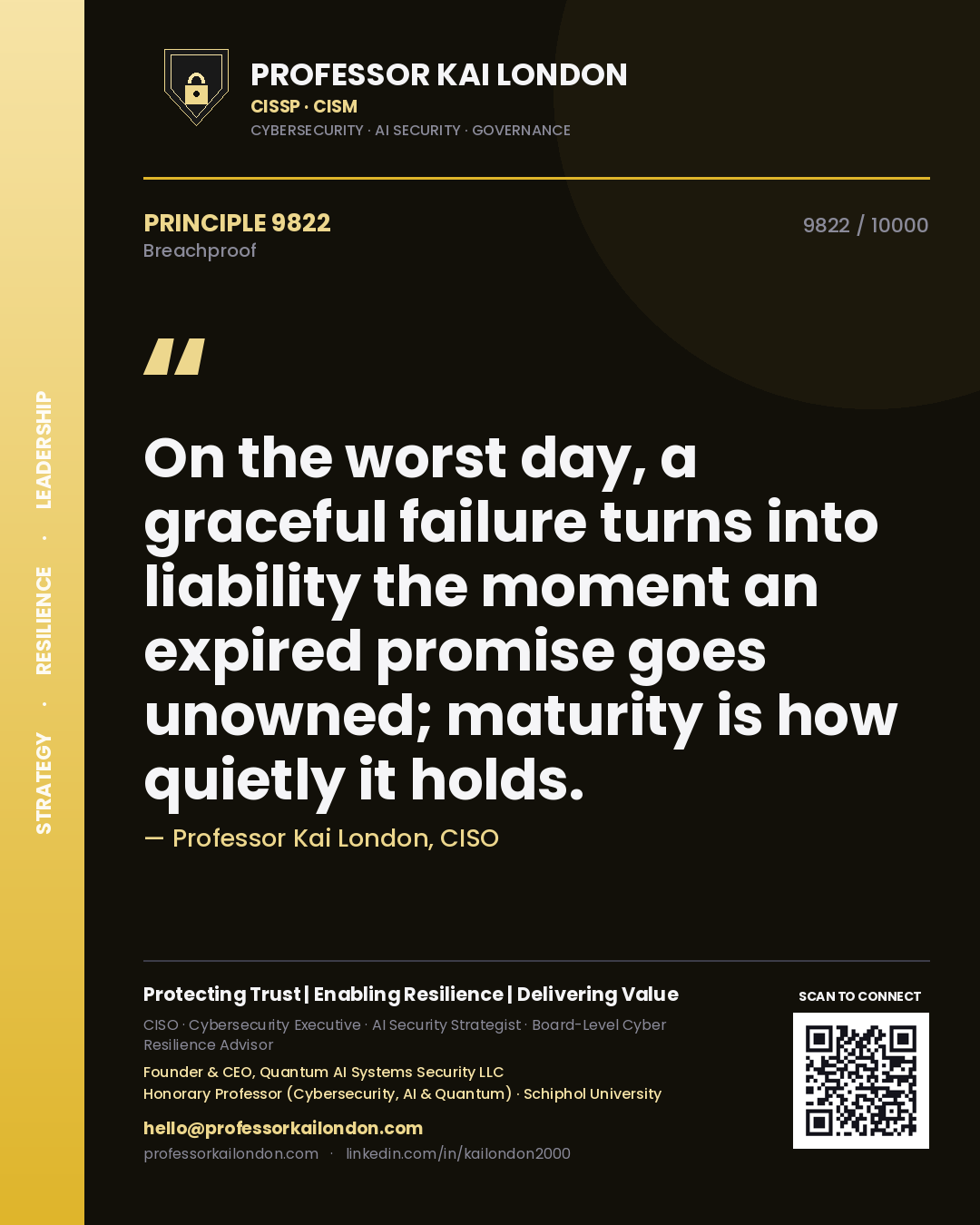 Quote card by Professor Kai London reading 'On the worst day, a graceful failure turns into liability the moment an expired promise goes unowned; maturity is how quietly it holds.'. From the book Breachproof.