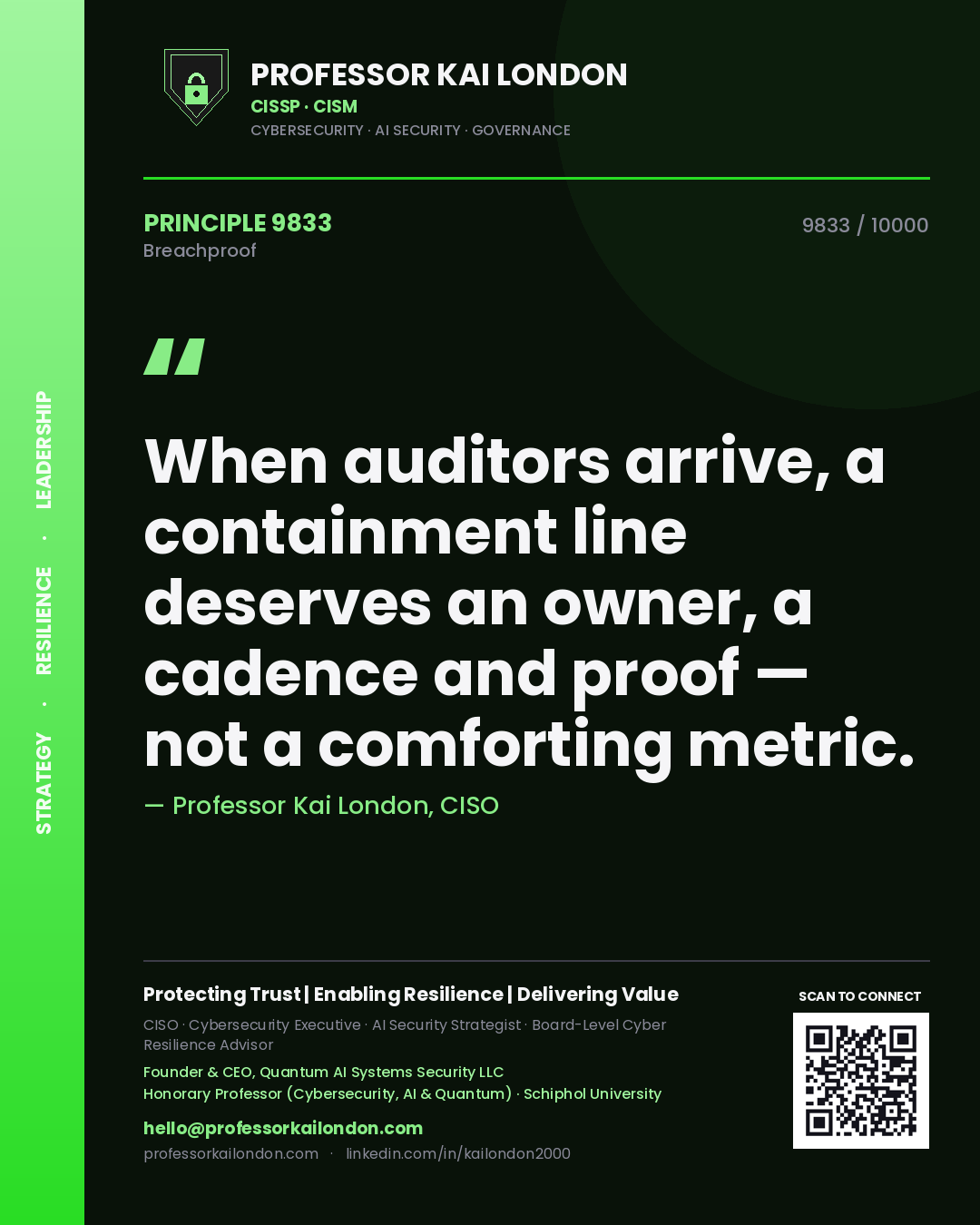 Quote card by Professor Kai London reading 'When auditors arrive, a containment line deserves an owner, a cadence and proof — not a comforting metric.'. From the book Breachproof.