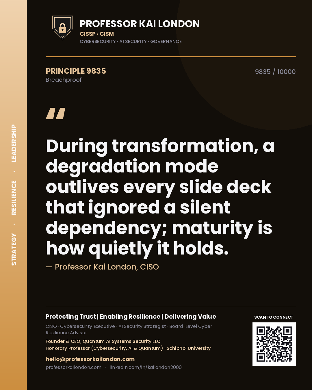 Quote card by Professor Kai London reading 'During transformation, a degradation mode outlives every slide deck that ignored a silent dependency; maturity is how quietly it holds.'. From the book Breachproof.