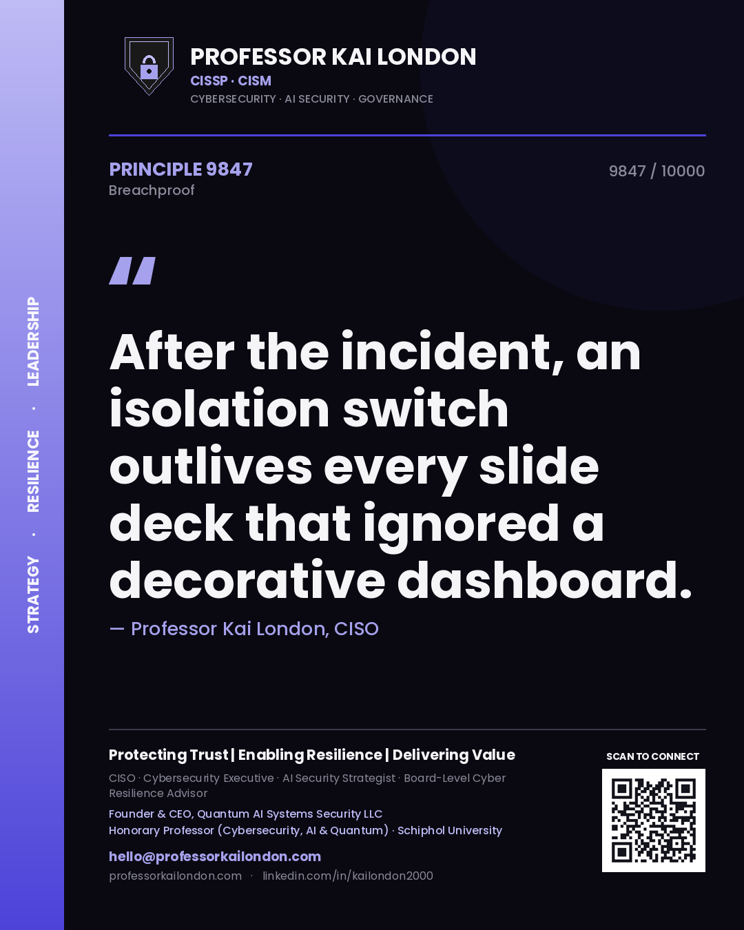 Quote card by Professor Kai London reading 'After the incident, an isolation switch outlives every slide deck that ignored a decorative dashboard.'. From the book Breachproof.
