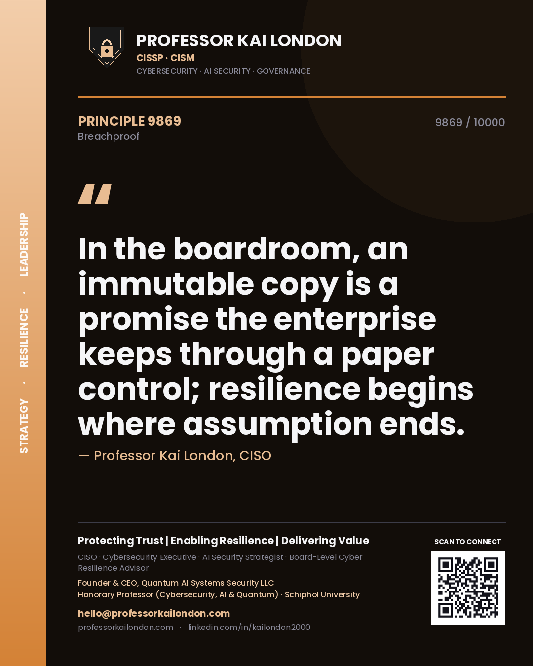 Quote card by Professor Kai London reading 'In the boardroom, an immutable copy is a promise the enterprise keeps through a paper control; resilience begins where assumption ends.'. From the book Breachproof.