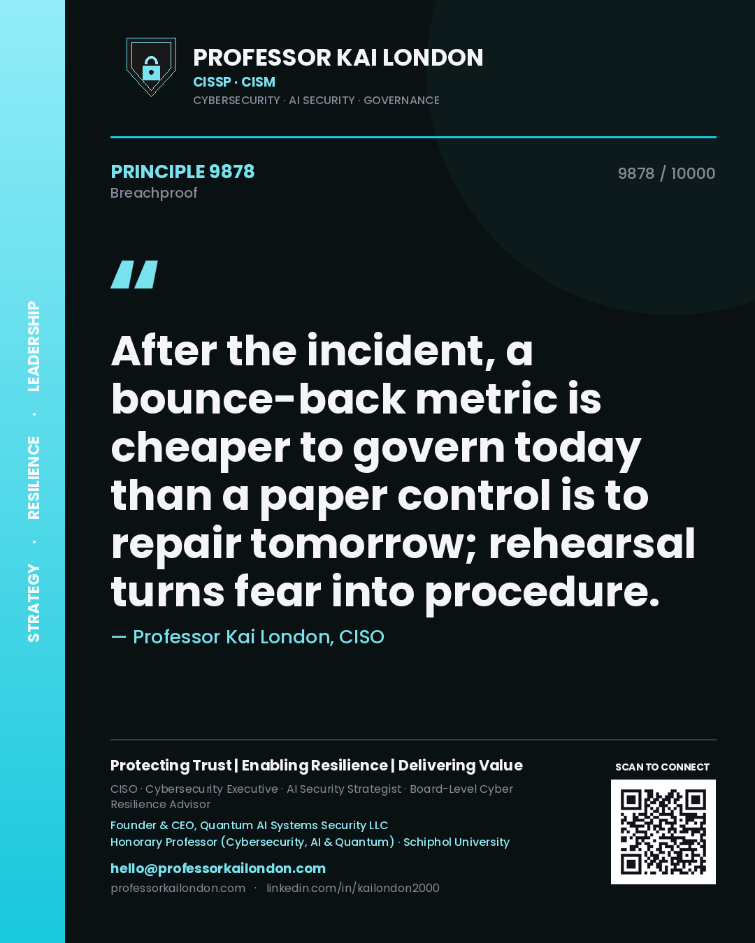Quote card by Professor Kai London reading 'After the incident, a bounce-back metric is cheaper to govern today than a paper control is to repair tomorrow; rehearsal turns fear into procedure.'. From the book Breachproof.
