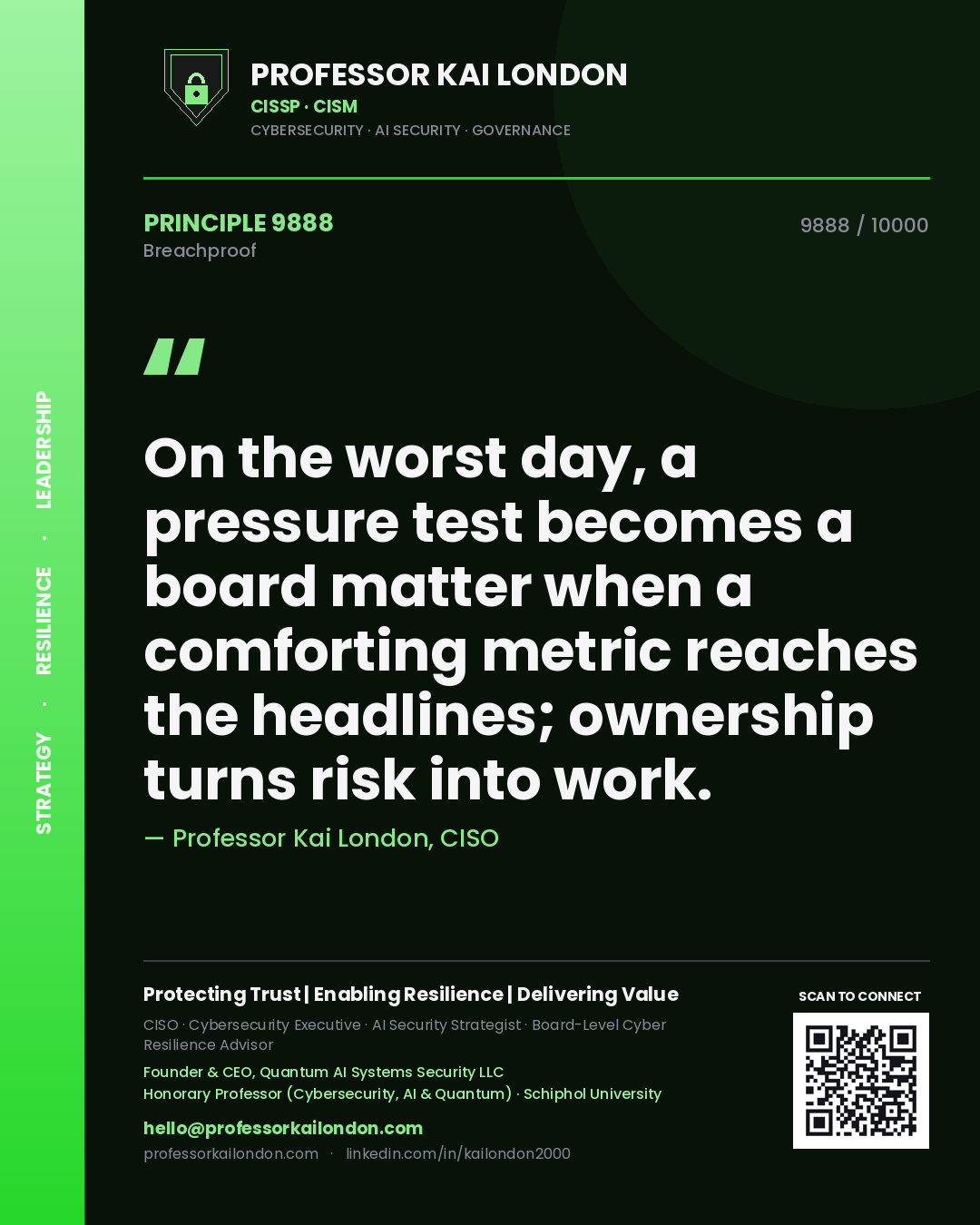 Quote card by Professor Kai London reading 'On the worst day, a pressure test becomes a board matter when a comforting metric reaches the headlines; ownership turns risk into work.'. From the book Breachproof.