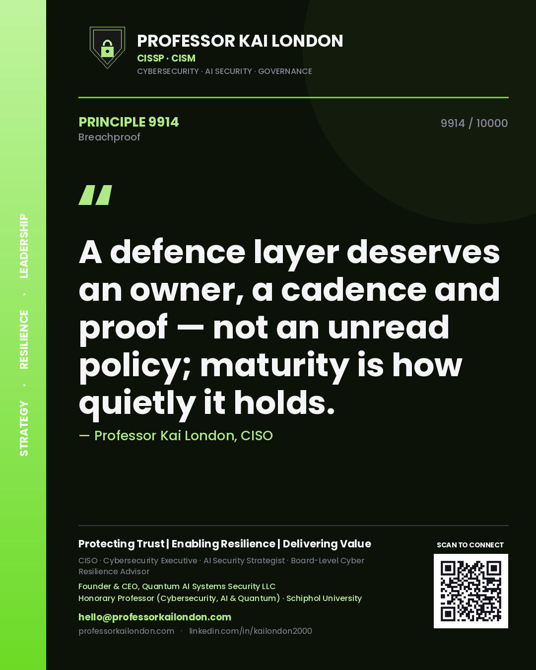 Quote card by Professor Kai London reading 'A defence layer deserves an owner, a cadence and proof — not an unread policy; maturity is how quietly it holds.'. From the book Breachproof.