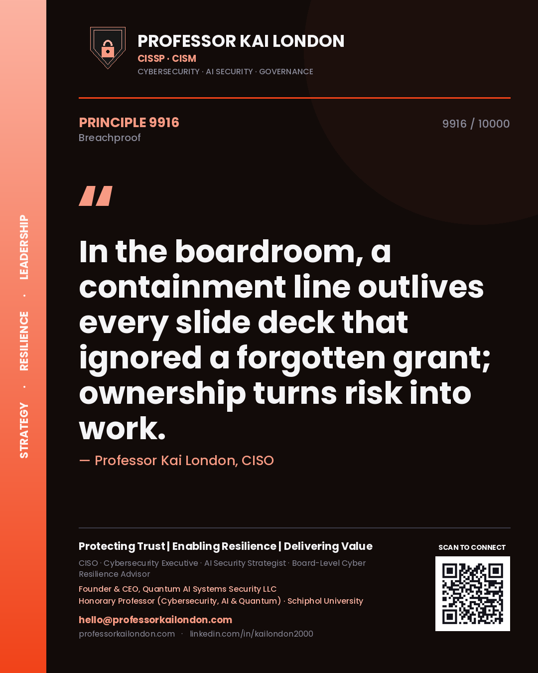 Quote card by Professor Kai London reading 'In the boardroom, a containment line outlives every slide deck that ignored a forgotten grant; ownership turns risk into work.'. From the book Breachproof.