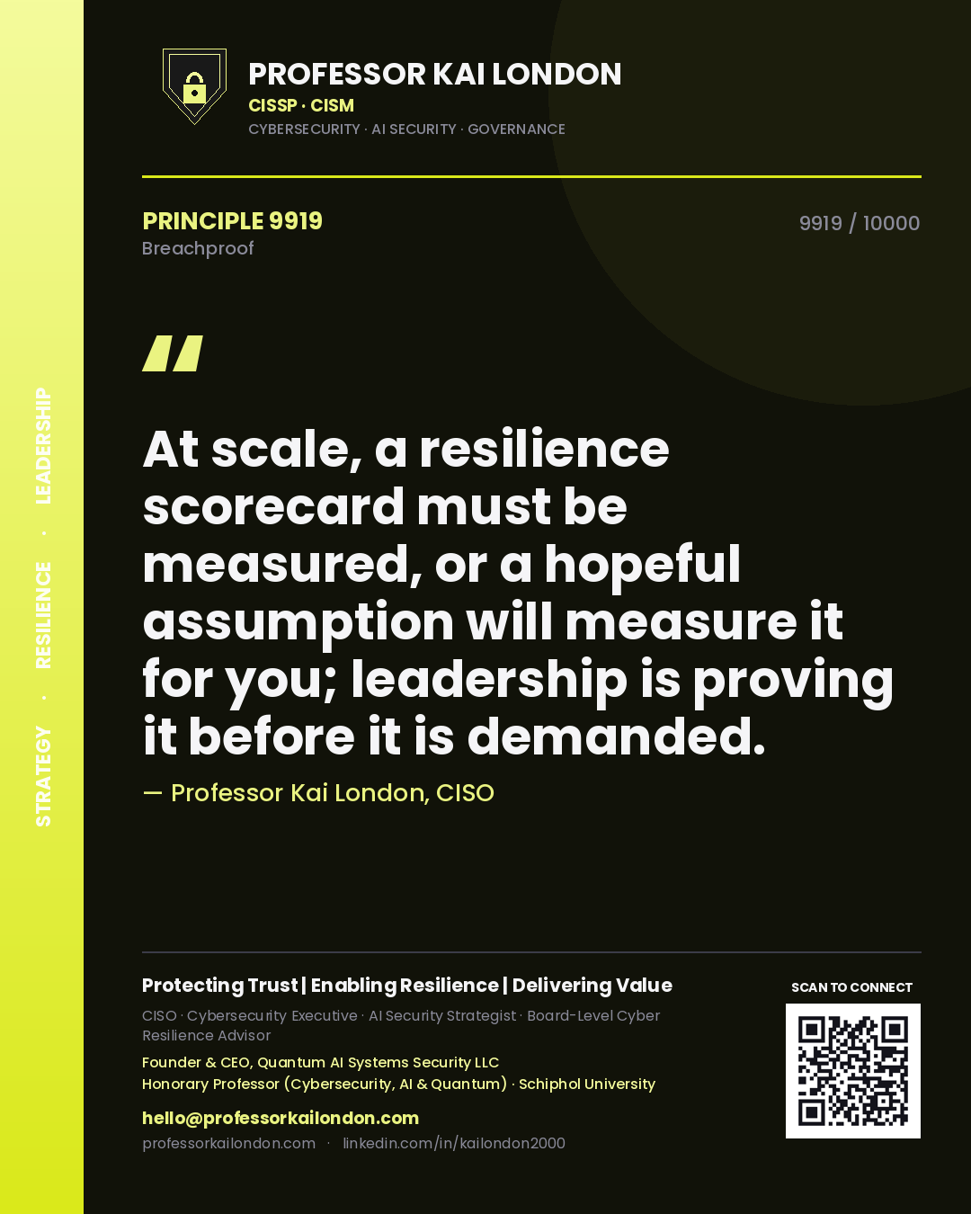 Quote card by Professor Kai London reading 'At scale, a resilience scorecard must be measured, or a hopeful assumption will measure it for you; leadership is proving it before it is demanded.'. From the book Breachproof.