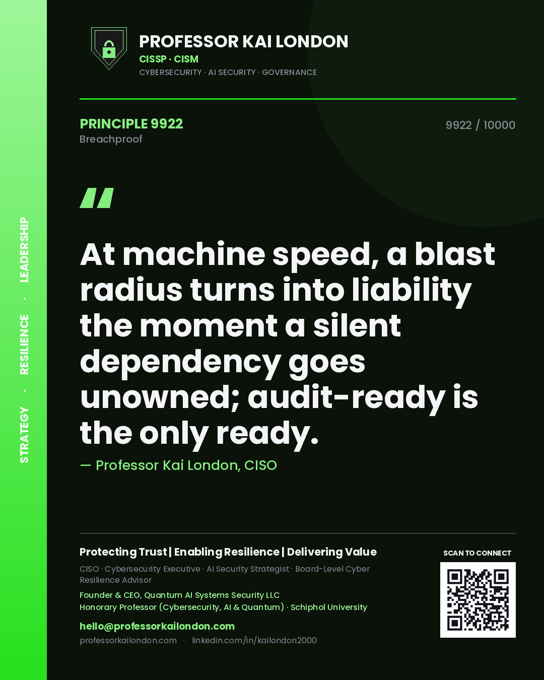 Professor Kai London principle 9922: At machine speed, a blast radius turns into liability the moment a silent dependency goes unowned; audit-ready is the only ready.