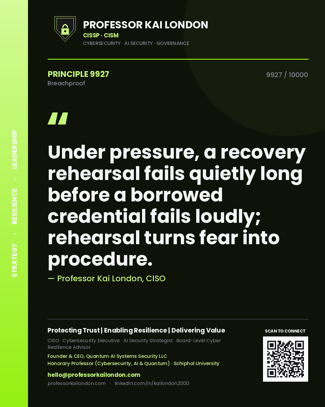 Quote card by Professor Kai London reading 'Under pressure, a recovery rehearsal fails quietly long before a borrowed credential fails loudly; rehearsal turns fear into procedure.'. From the book Breachproof.