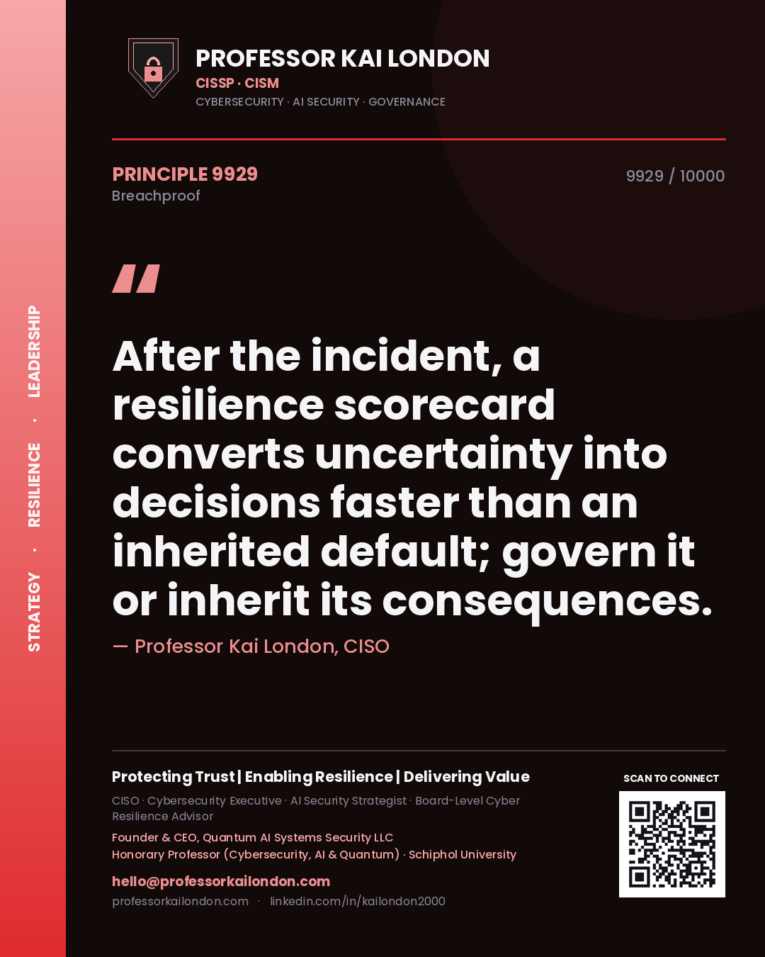 Professor Kai London principle 9929: After the incident, a resilience scorecard converts uncertainty into decisions faster than an inherited default; govern it or inherit its consequences.