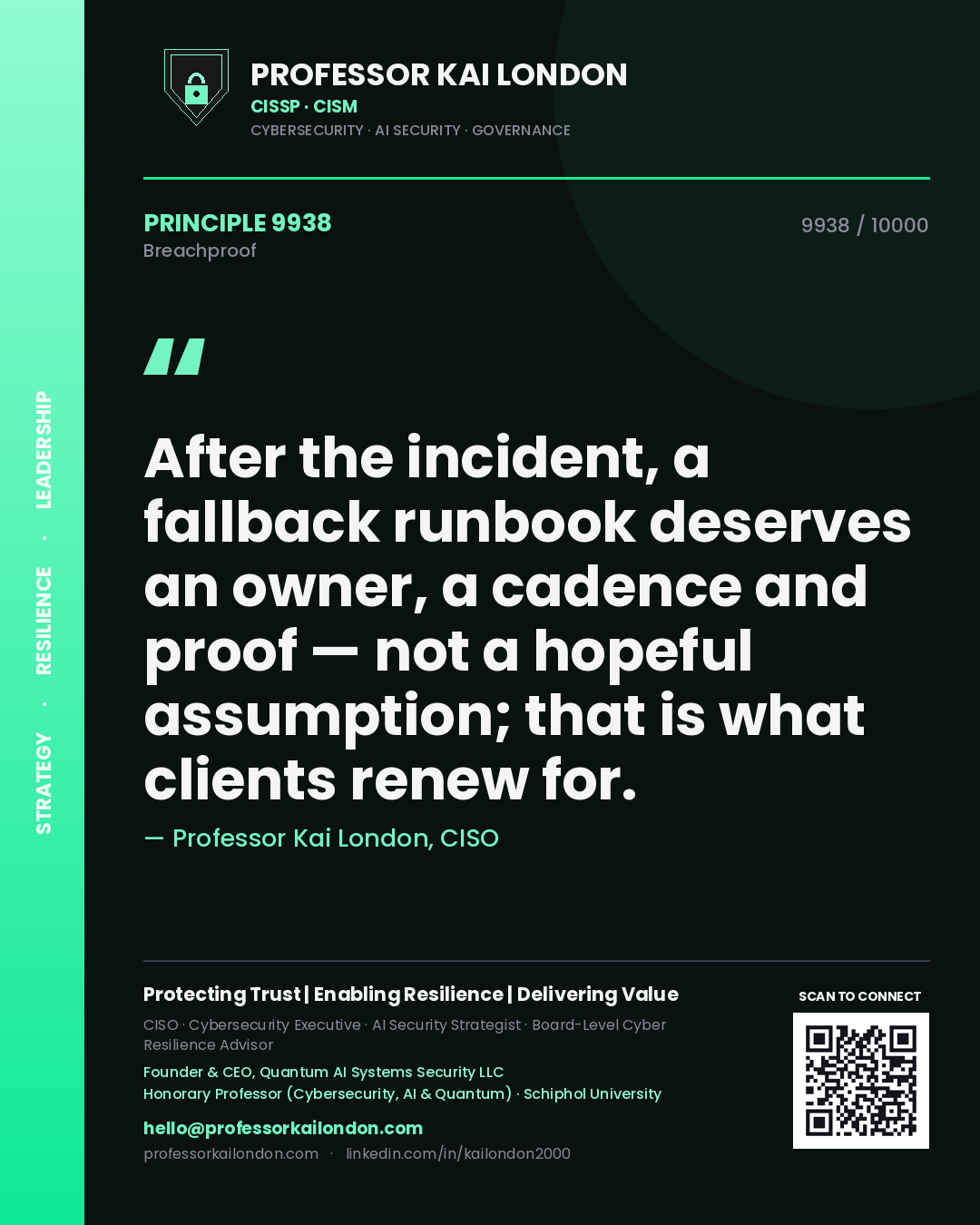 Quote card by Professor Kai London reading 'After the incident, a fallback runbook deserves an owner, a cadence and proof — not a hopeful assumption; that is what clients renew for.'. From the book Breachproof.