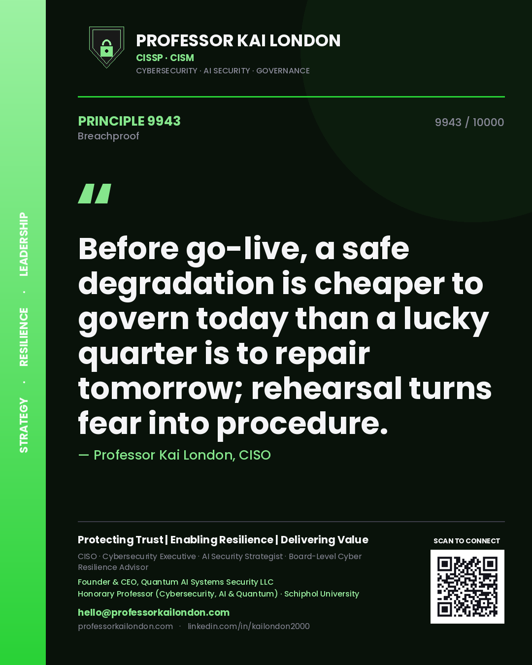 Quote card by Professor Kai London reading 'Before go-live, a safe degradation is cheaper to govern today than a lucky quarter is to repair tomorrow; rehearsal turns fear into procedure.'. From the book Breachproof.