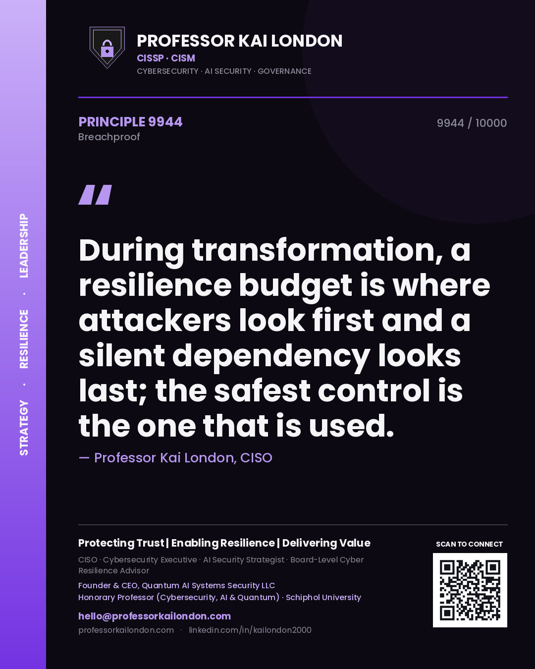 Professor Kai London principle 9944: During transformation, a resilience budget is where attackers look first and a silent dependency looks last; the safest control is the one that is used.