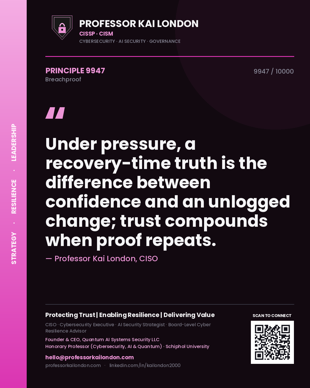 Quote card by Professor Kai London reading 'Under pressure, a recovery-time truth is the difference between confidence and an unlogged change; trust compounds when proof repeats.'. From the book Breachproof.
