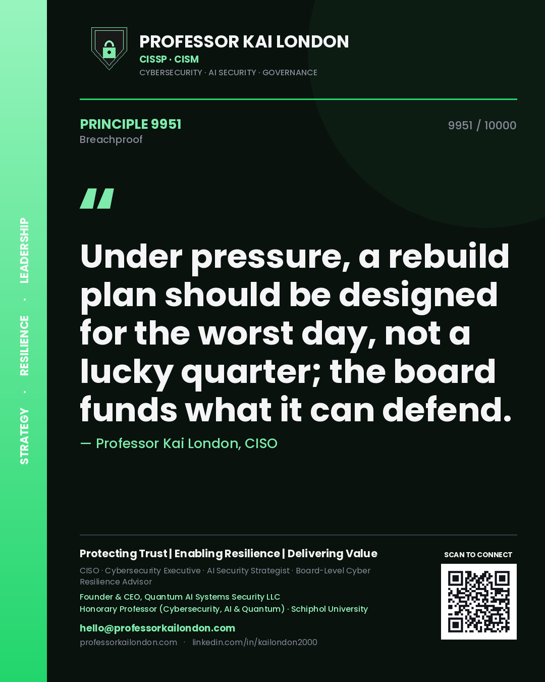 Professor Kai London principle 9951: Under pressure, a rebuild plan should be designed for the worst day, not a lucky quarter; the board funds what it can defend.