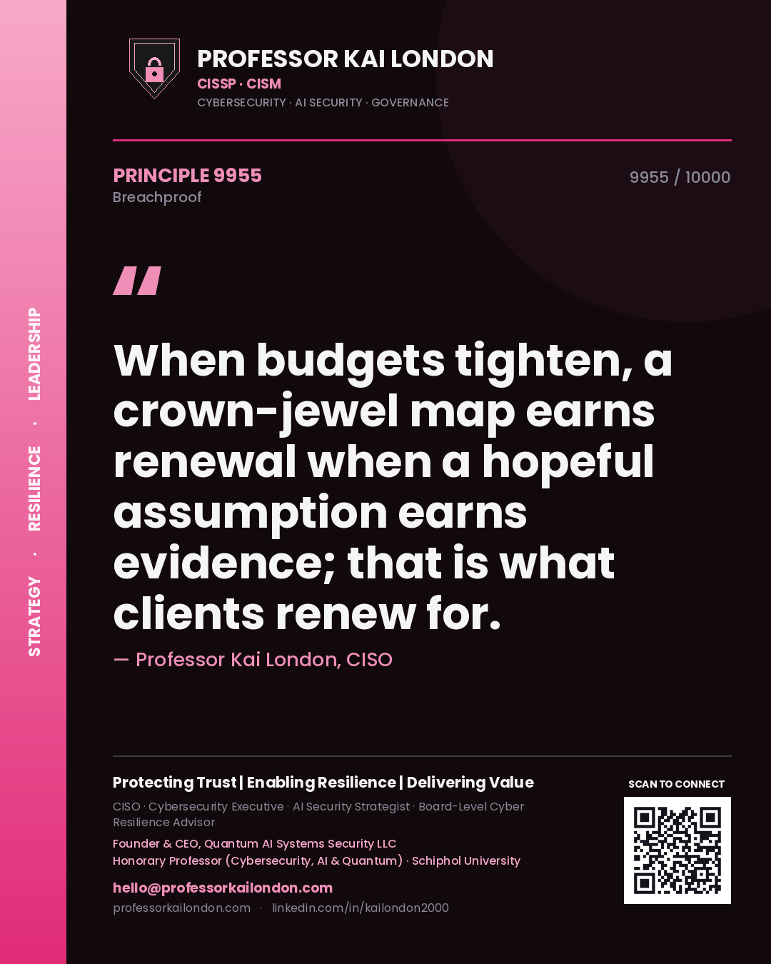 Professor Kai London principle 9955: When budgets tighten, a crown-jewel map earns renewal when a hopeful assumption earns evidence; that is what clients renew for.