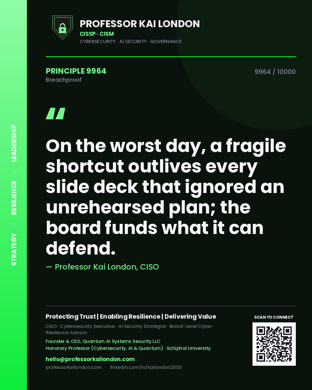 Professor Kai London principle 9964: On the worst day, a fragile shortcut outlives every slide deck that ignored an unrehearsed plan; the board funds what it can defend.
