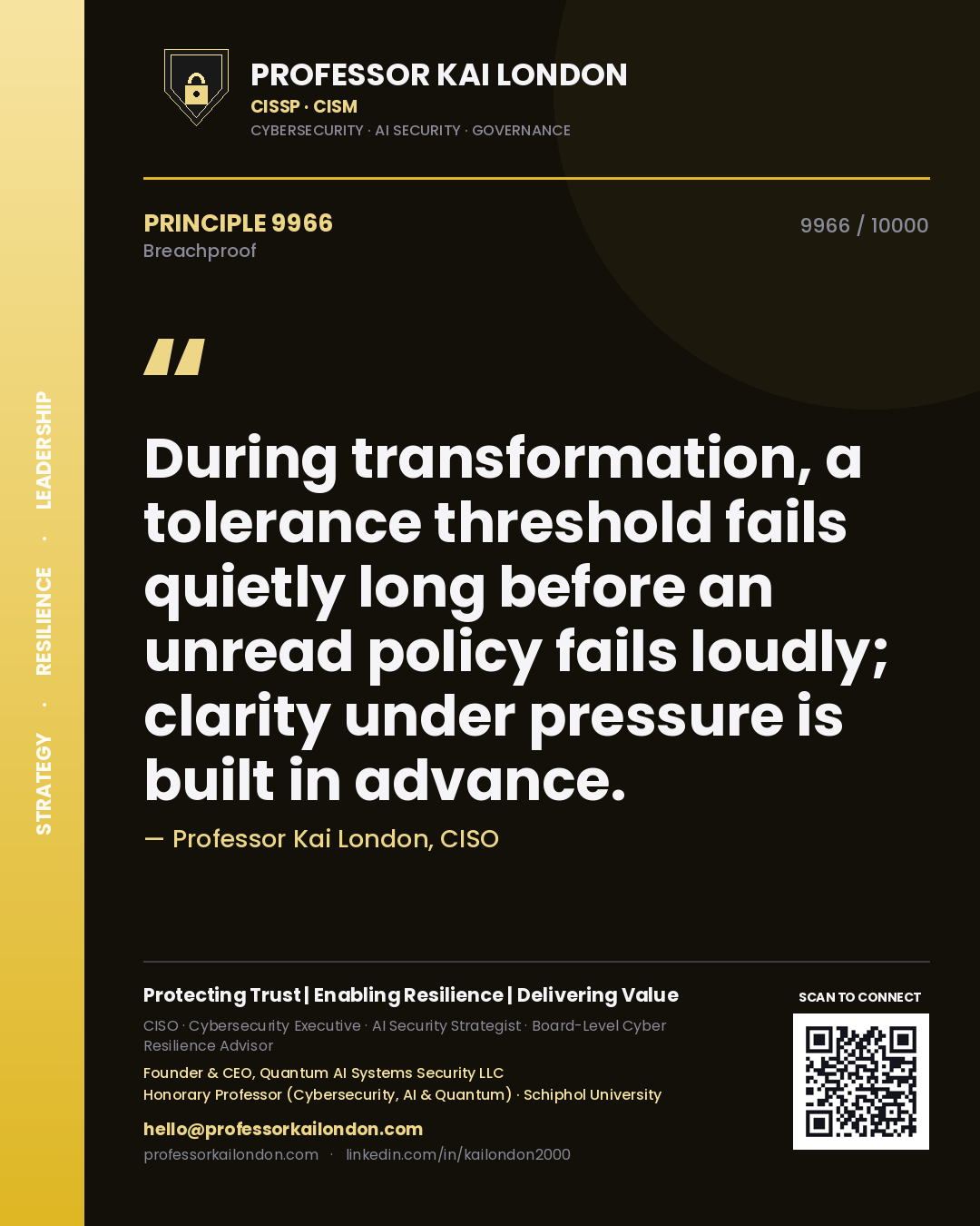Professor Kai London principle 9966: During transformation, a tolerance threshold fails quietly long before an unread policy fails loudly; clarity under pressure is built in advance.
