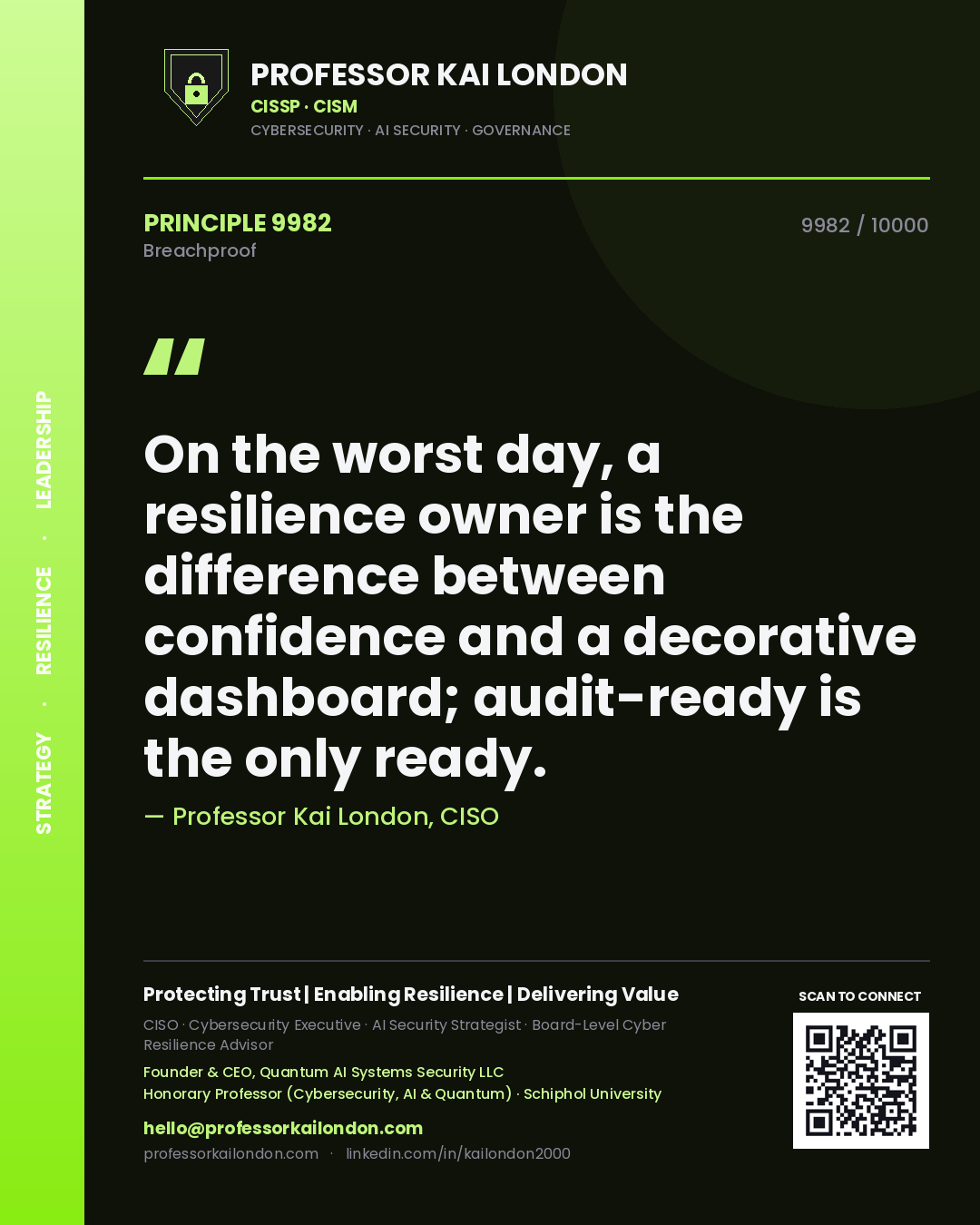 Professor Kai London principle 9982: On the worst day, a resilience owner is the difference between confidence and a decorative dashboard; audit-ready is the only ready.