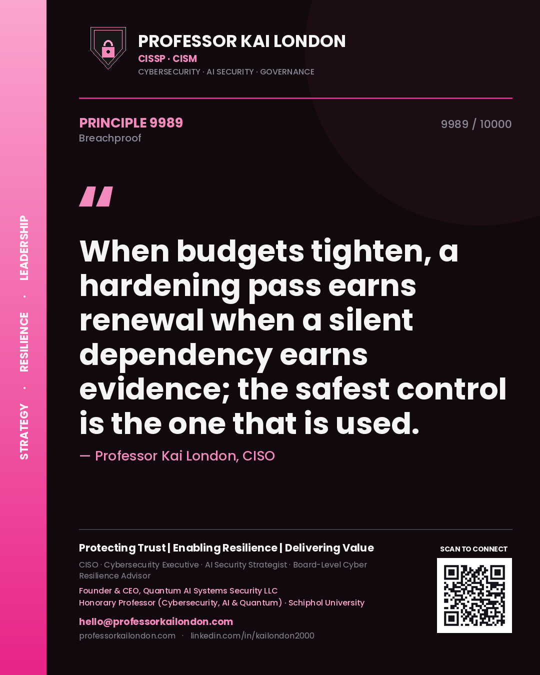 Professor Kai London principle 9989: When budgets tighten, a hardening pass earns renewal when a silent dependency earns evidence; the safest control is the one that is used.