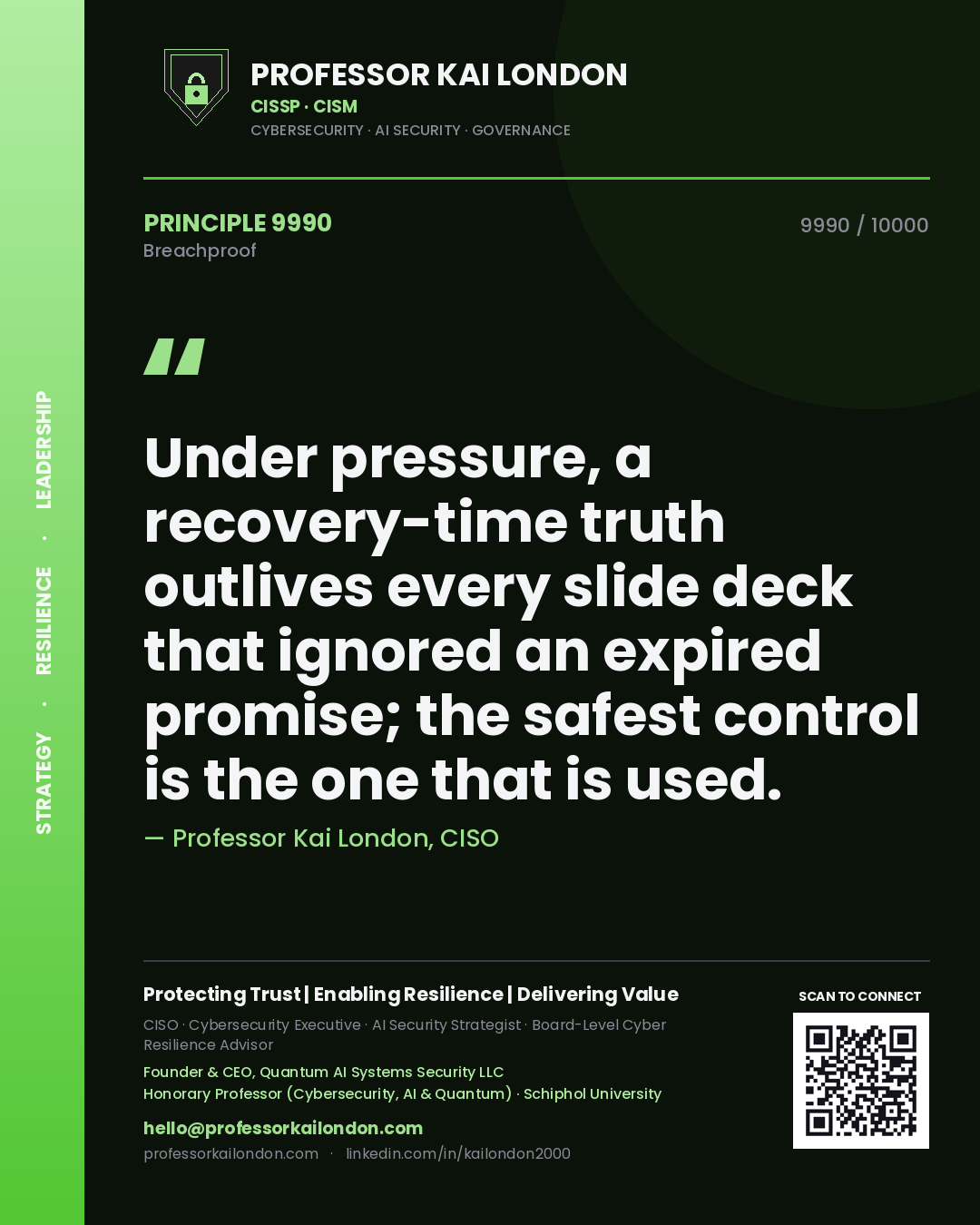 Professor Kai London principle 9990: Under pressure, a recovery-time truth outlives every slide deck that ignored an expired promise; the safest control is the one that is used.