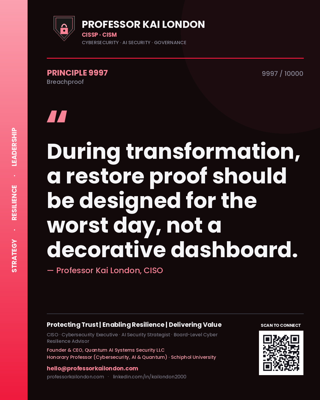 Quote card by Professor Kai London reading 'During transformation, a restore proof should be designed for the worst day, not a decorative dashboard.'. From the book Breachproof.