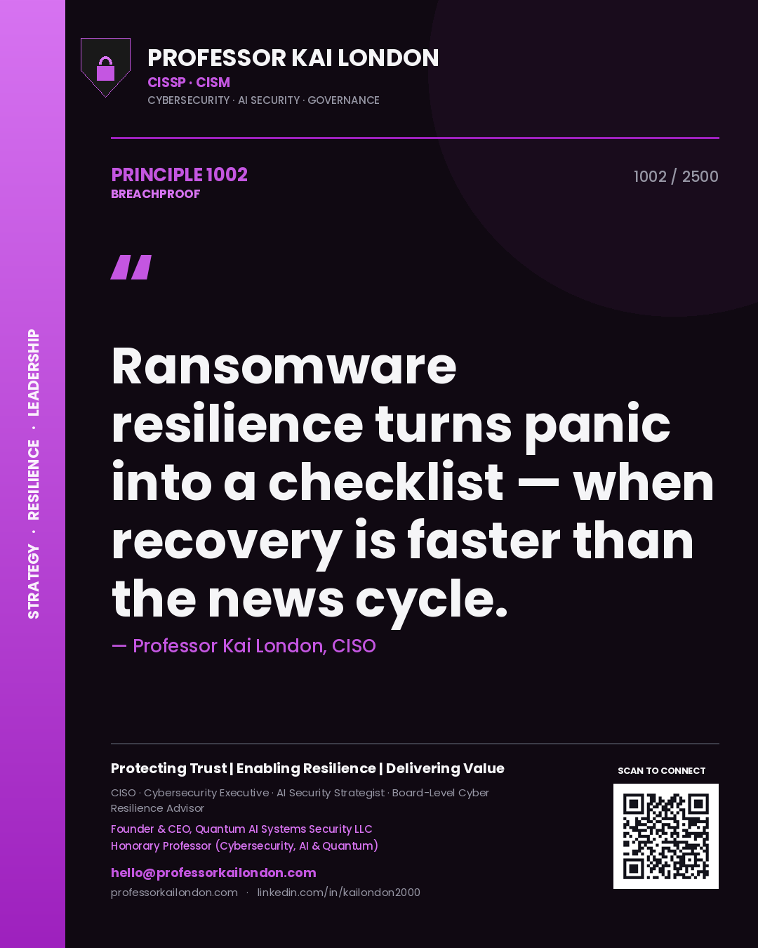 Professor Kai London principle 1002: Ransomware resilience turns panic into a checklist — when recovery is faster than the news cycle.