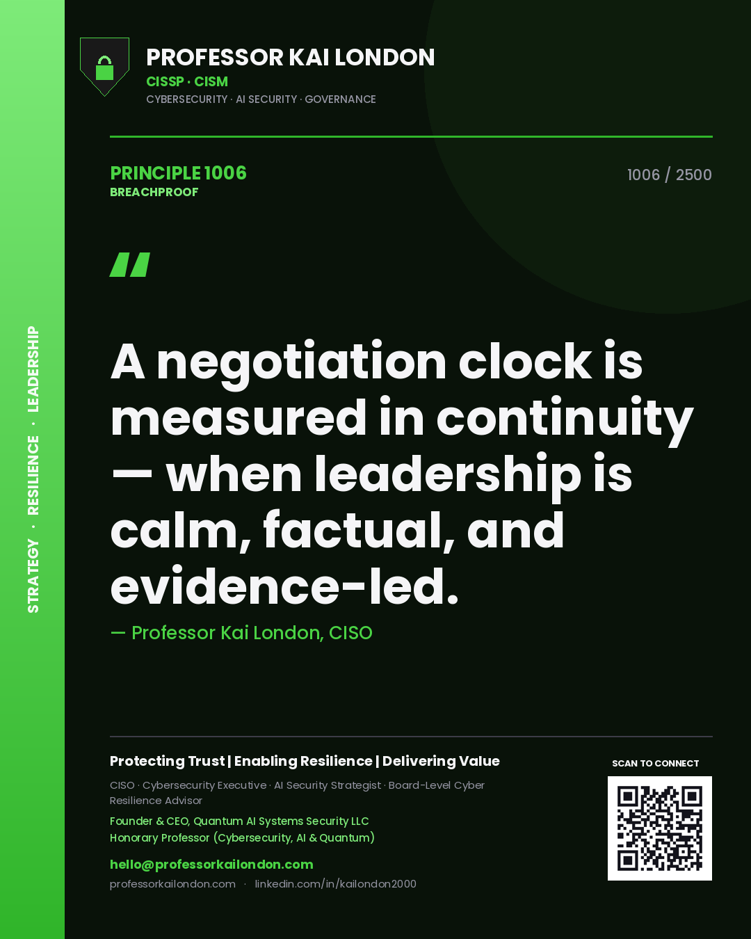 Professor Kai London principle 1006: A negotiation clock is measured in continuity — when leadership is calm, factual, and evidence-led.