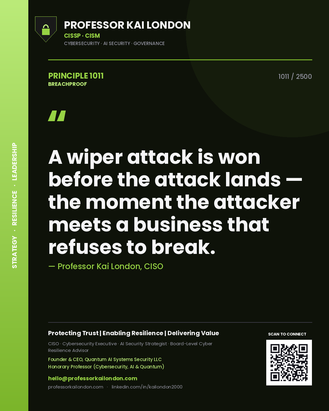 Professor Kai London principle 1011: A wiper attack is won before the attack lands — the moment the attacker meets a business that refuses to break.