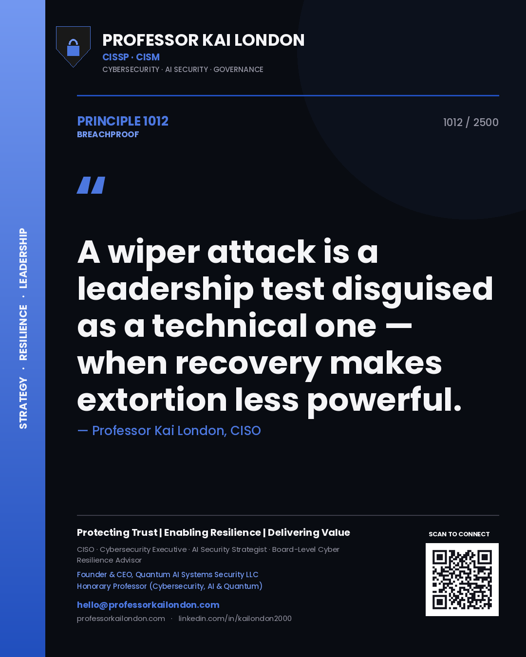 Professor Kai London principle 1012: A wiper attack is a leadership test disguised as a technical one — when recovery makes extortion less powerful.