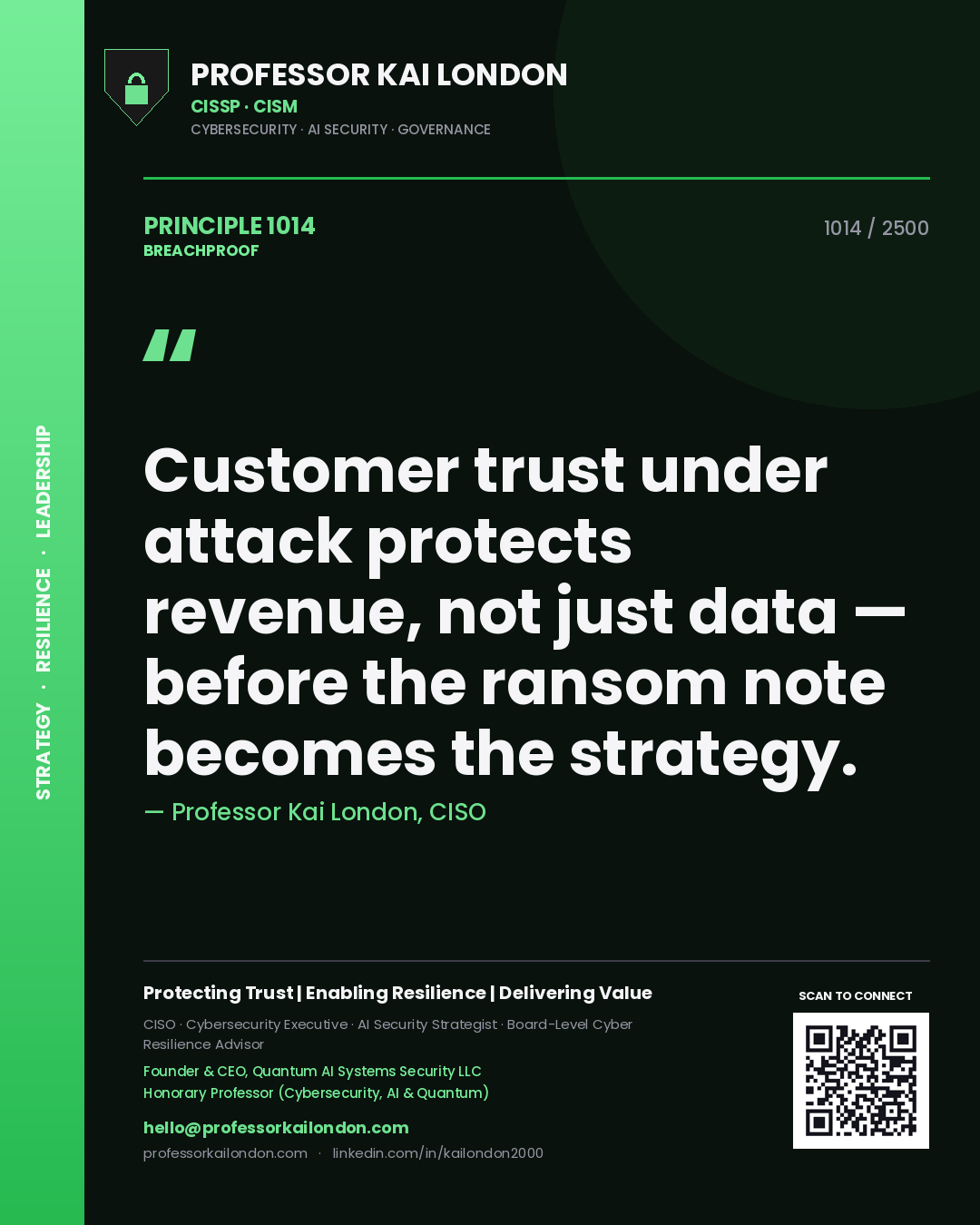 Quote card by Professor Kai London reading 'Customer trust under attack protects revenue, not just data — before the ransom note becomes the strategy.'. From the book Breachproof.