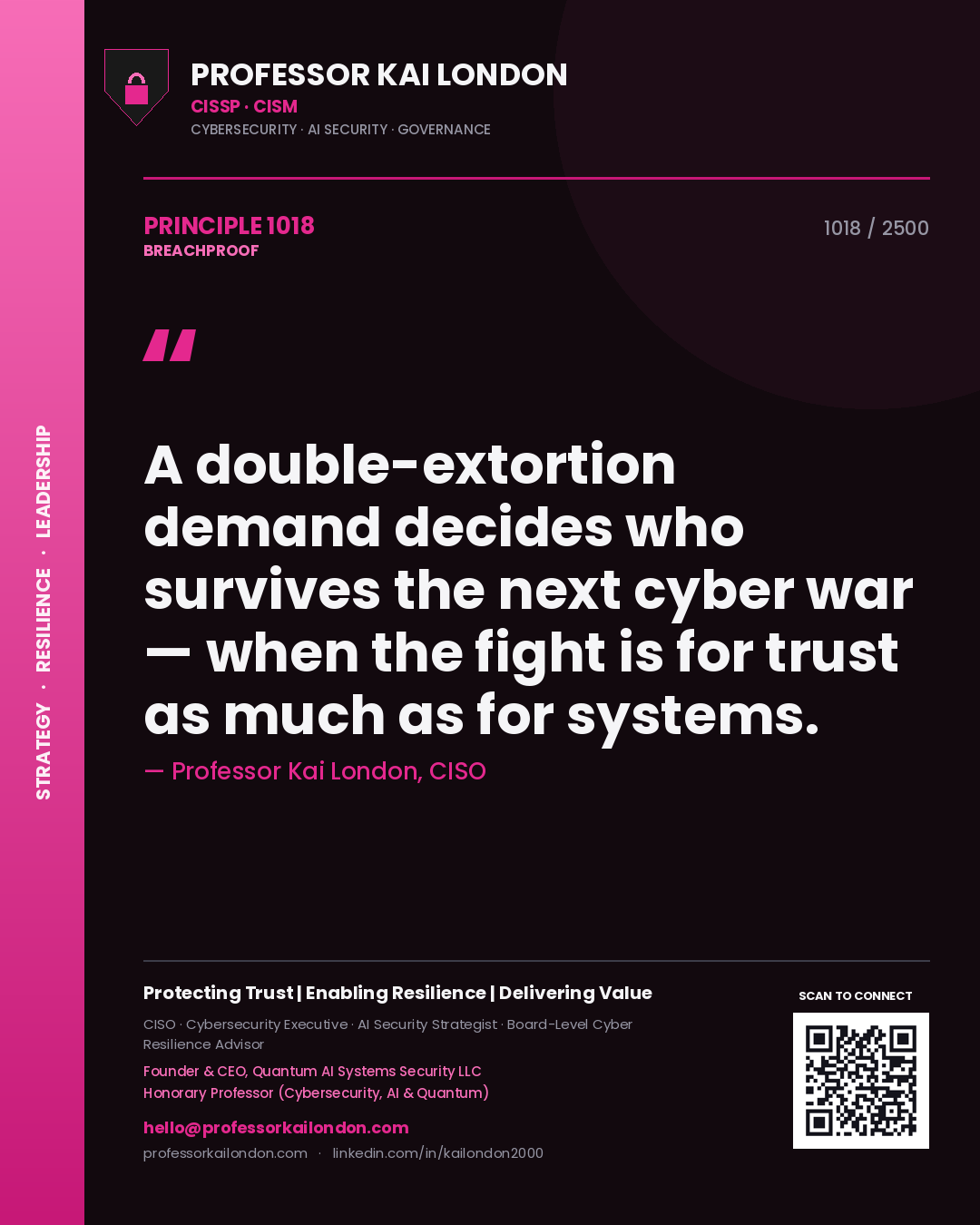 Professor Kai London principle 1018: A double-extortion demand decides who survives the next cyber war — when the fight is for trust as much as for systems.