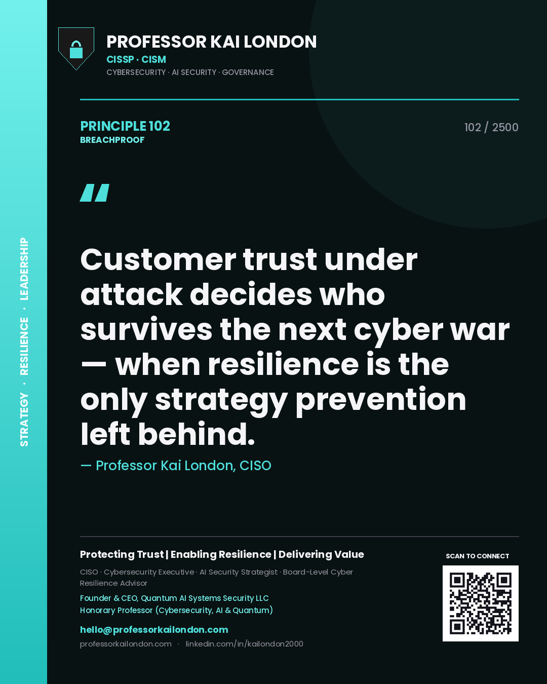 Quote card by Professor Kai London reading 'Customer trust under attack decides who survives the next cyber war — when resilience is the only strategy prevention left behind.'. From the book Breachproof.