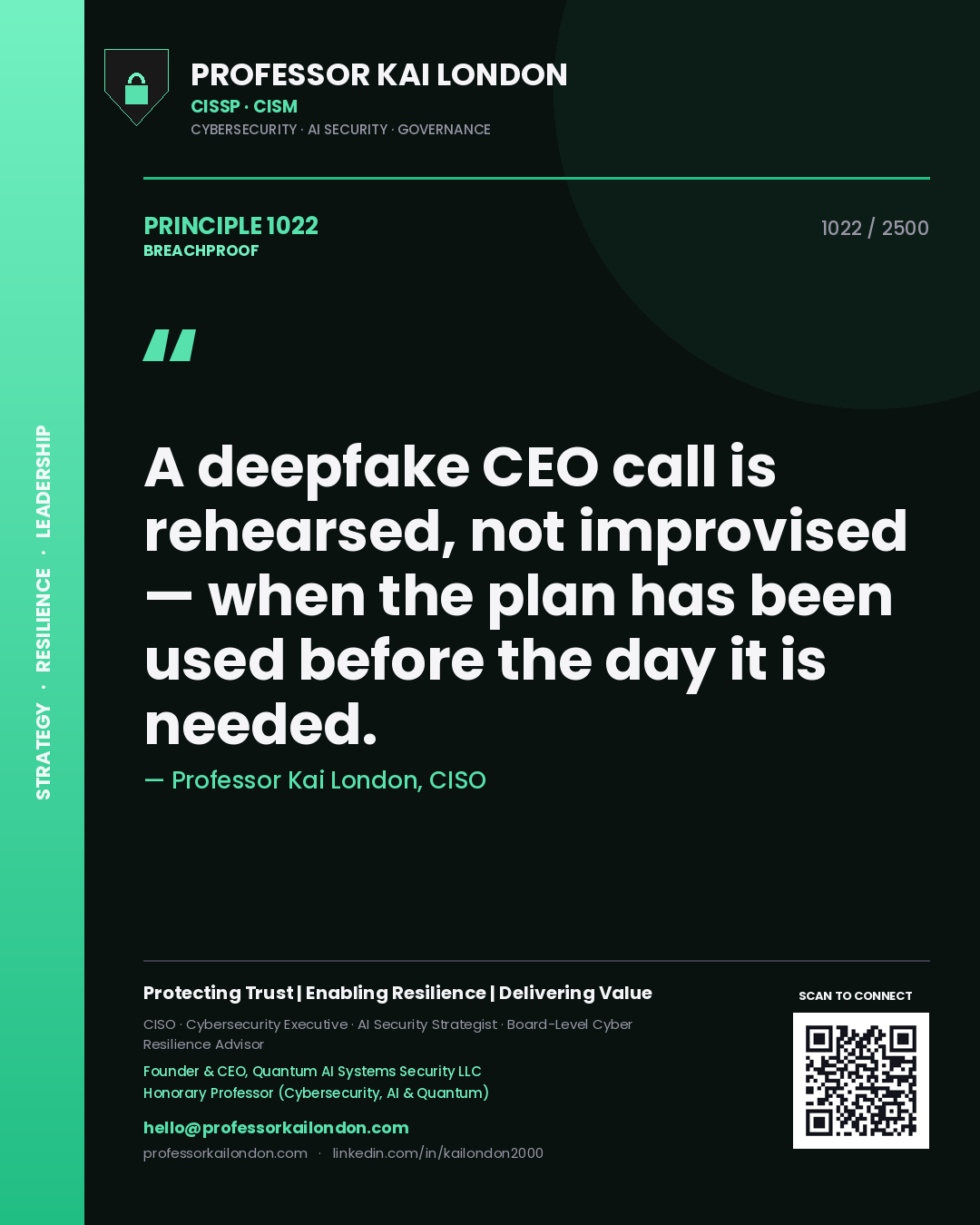 Quote card by Professor Kai London reading 'A deepfake CEO call is rehearsed, not improvised — when the plan has been used before the day it is needed.'. From the book Breachproof.