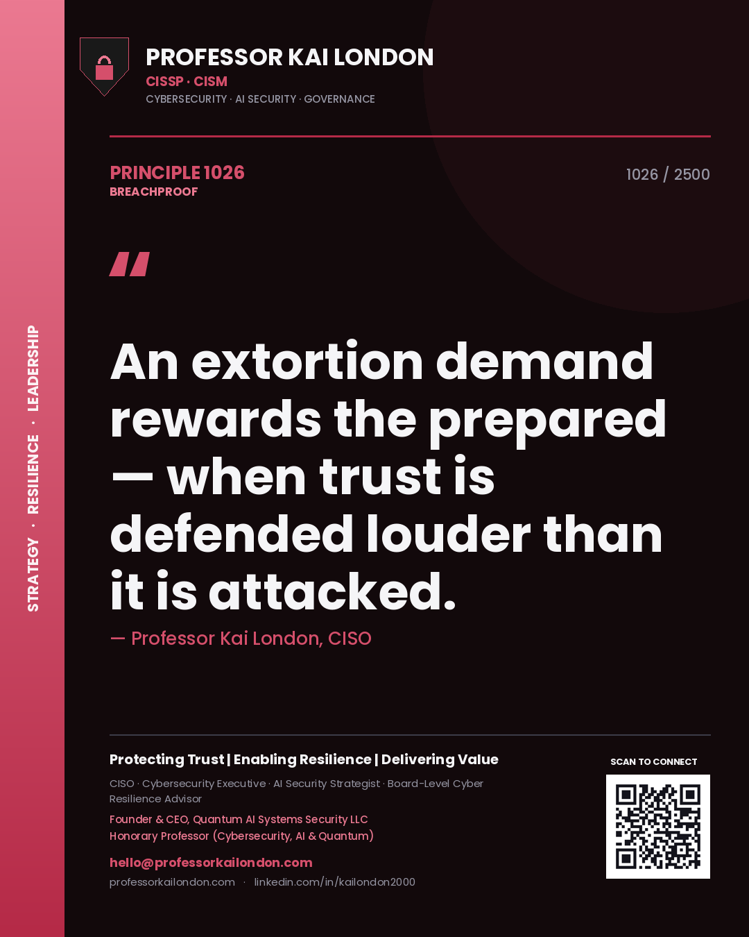 Professor Kai London principle 1026: An extortion demand rewards the prepared — when trust is defended louder than it is attacked.
