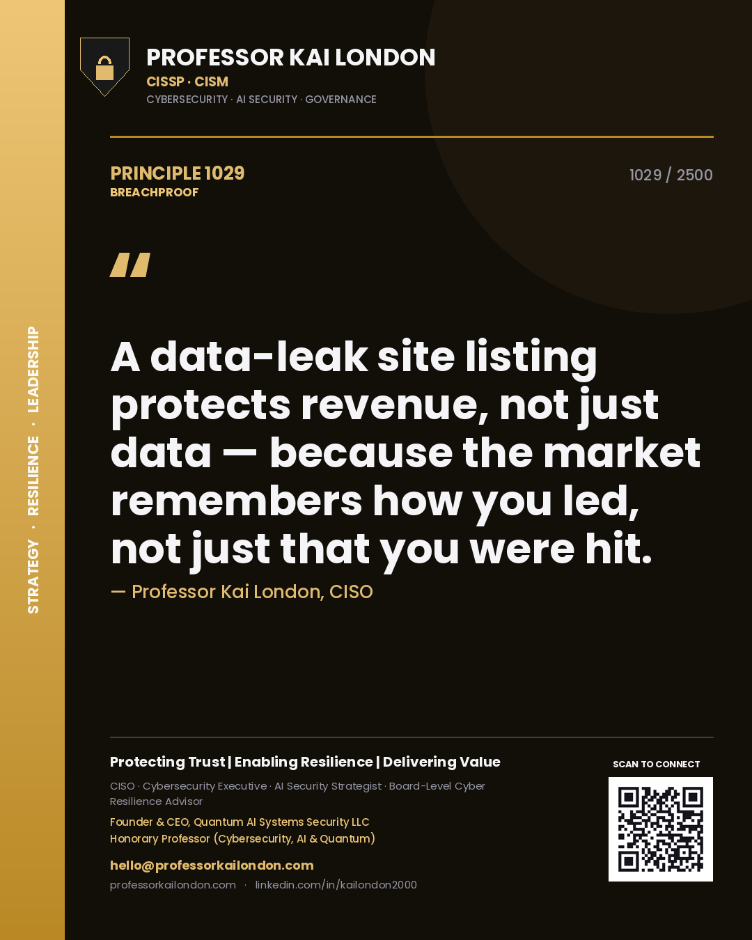 Quote card by Professor Kai London reading 'A data-leak site listing protects revenue, not just data — because the market remembers how you led, not just that you were hit.'. From the book Breachproof.