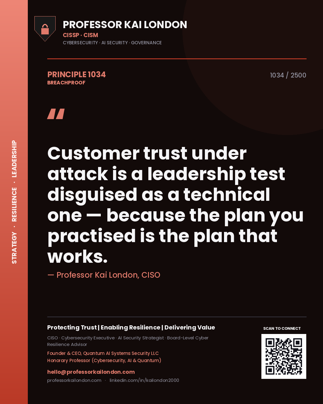 Quote card by Professor Kai London reading 'Customer trust under attack is a leadership test disguised as a technical one — because the plan you practised is the plan that works.'. From the book Breachproof.