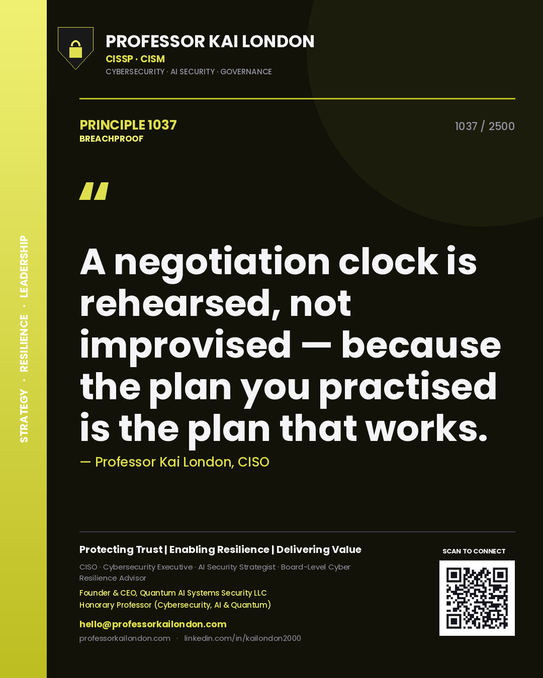 Quote card by Professor Kai London reading 'A negotiation clock is rehearsed, not improvised — because the plan you practised is the plan that works.'. From the book Breachproof.