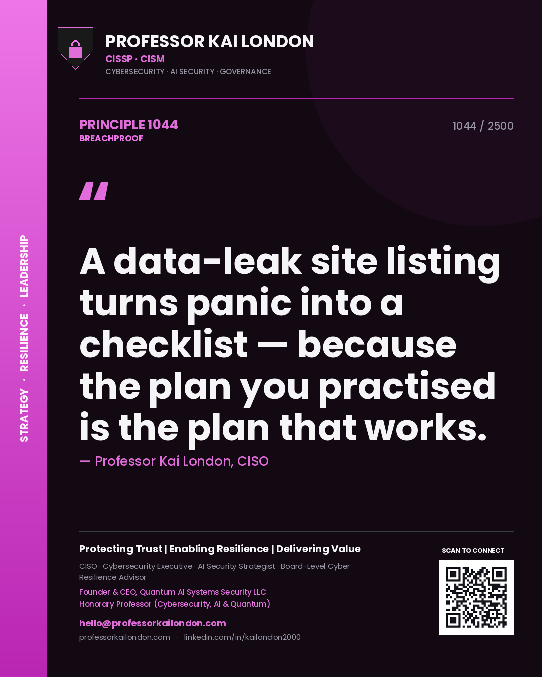 Professor Kai London principle 1044: A data-leak site listing turns panic into a checklist — because the plan you practised is the plan that works.
