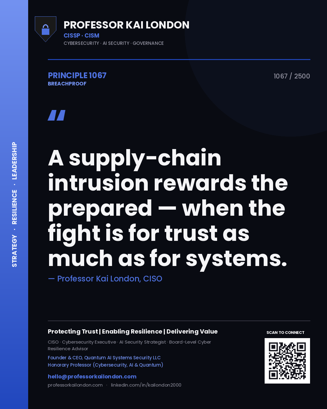 Quote card by Professor Kai London reading 'A supply-chain intrusion rewards the prepared — when the fight is for trust as much as for systems.'. From the book Breachproof.