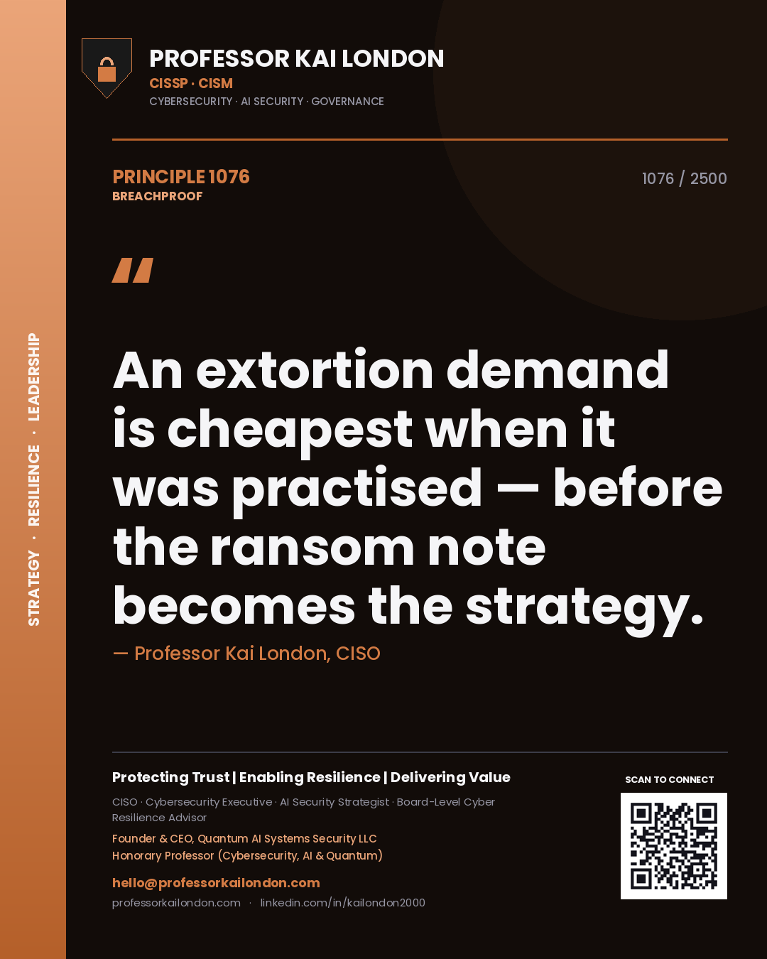 Quote card by Professor Kai London reading 'An extortion demand is cheapest when it was practised — before the ransom note becomes the strategy.'. From the book Breachproof.