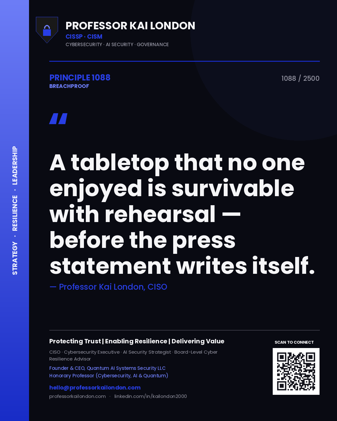 Quote card by Professor Kai London reading 'A tabletop that no one enjoyed is survivable with rehearsal — before the press statement writes itself.'. From the book Breachproof.