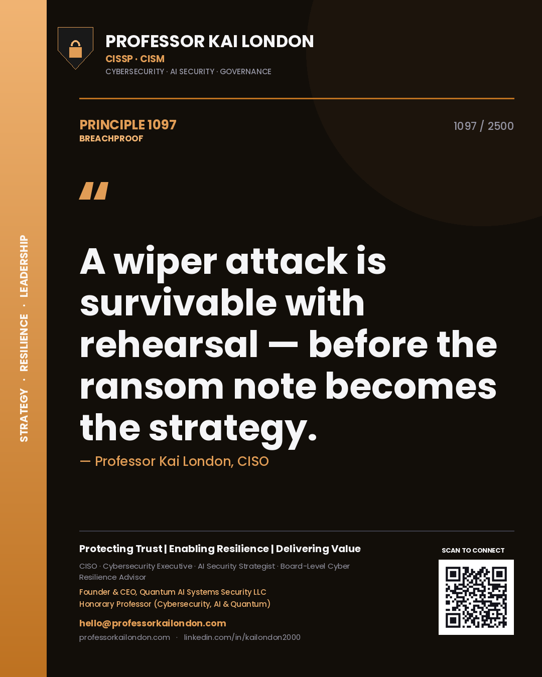 Quote card by Professor Kai London reading 'A wiper attack is survivable with rehearsal — before the ransom note becomes the strategy.'. From the book Breachproof.