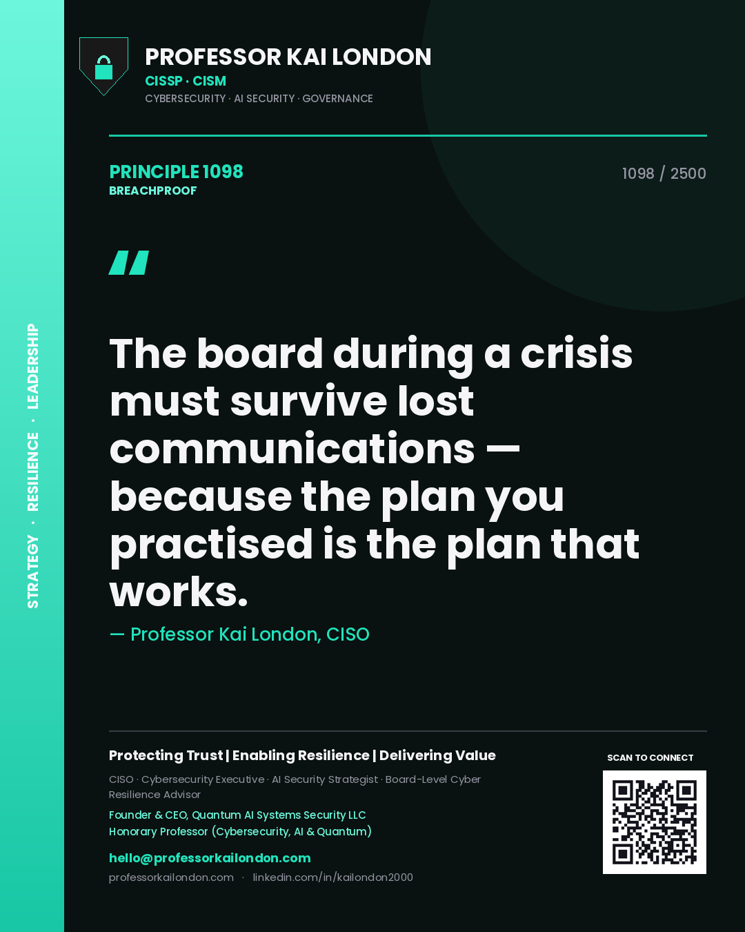 Quote card by Professor Kai London reading 'The board during a crisis must survive lost communications — because the plan you practised is the plan that works.'. From the book Breachproof.