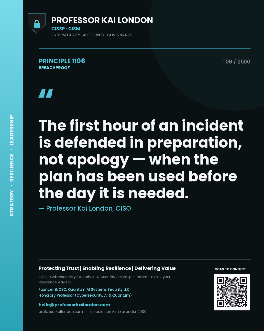 Quote card by Professor Kai London reading 'The first hour of an incident is defended in preparation, not apology — when the plan has been used before the day it is needed.'. From the book Breachproof.