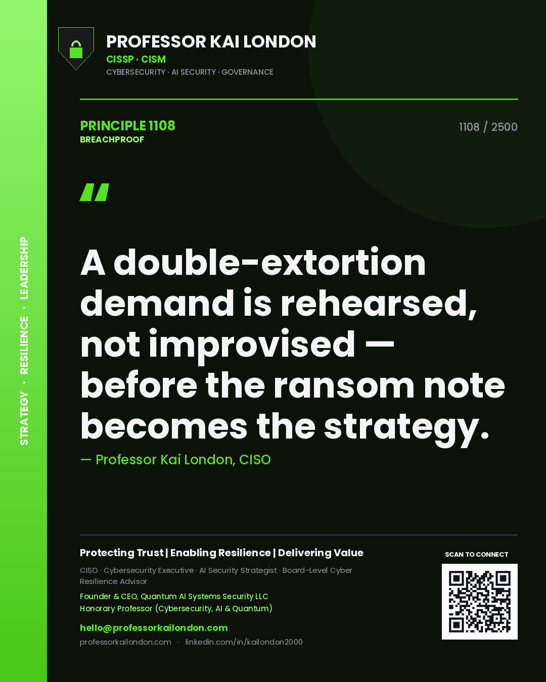 Professor Kai London principle 1108: A double-extortion demand is rehearsed, not improvised — before the ransom note becomes the strategy.