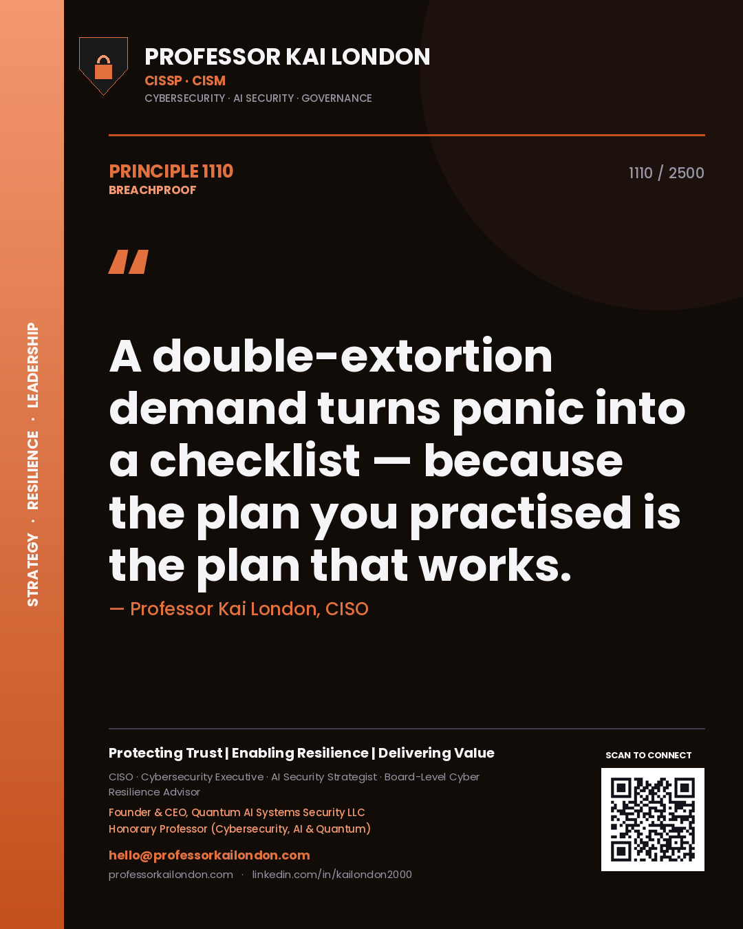 Quote card by Professor Kai London reading 'A double-extortion demand turns panic into a checklist — because the plan you practised is the plan that works.'. From the book Breachproof.