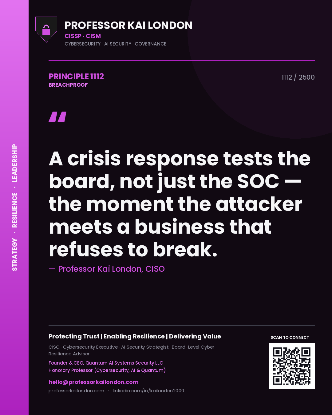 Professor Kai London principle 1112: A crisis response tests the board, not just the SOC — the moment the attacker meets a business that refuses to break.
