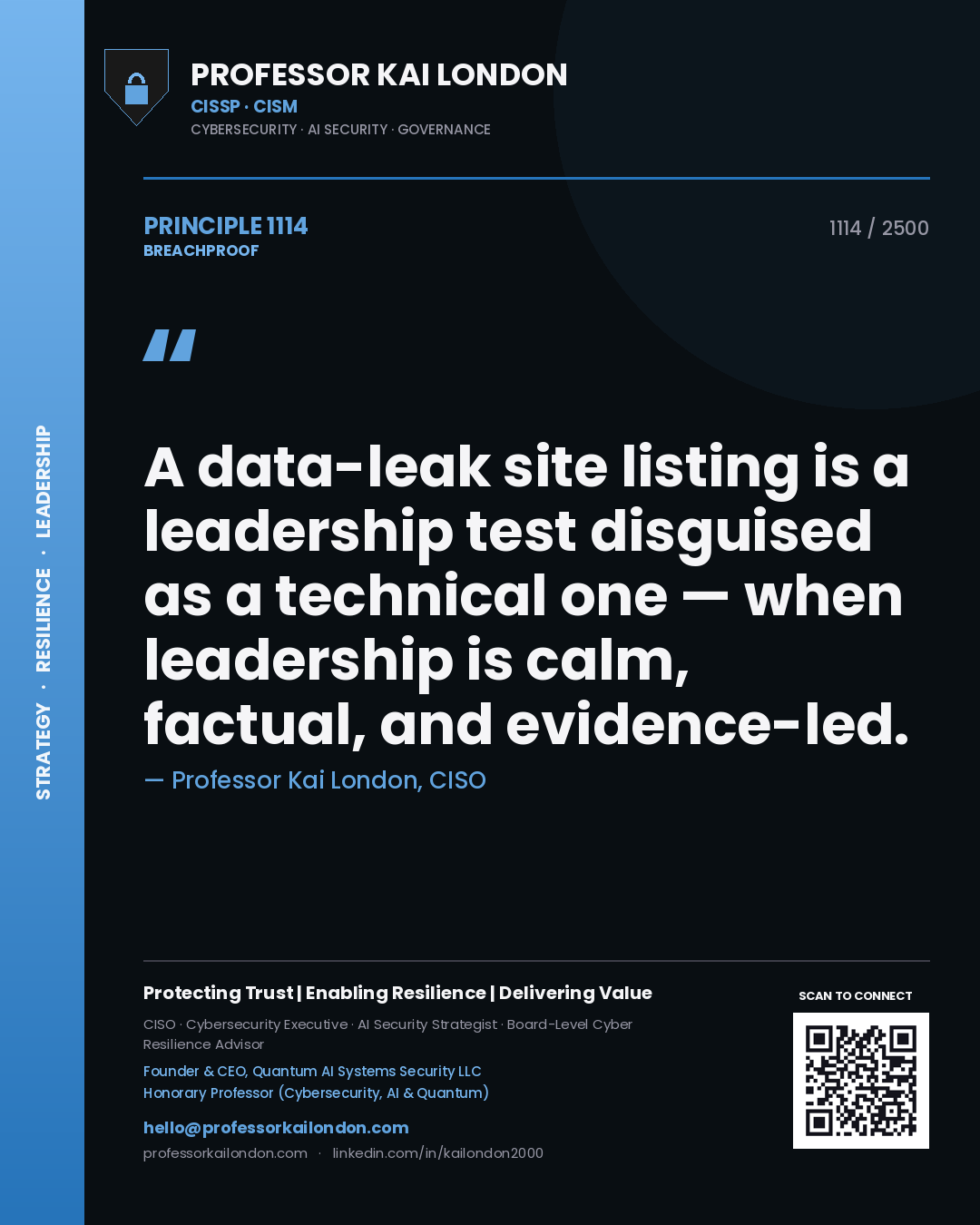 Professor Kai London principle 1114: A data-leak site listing is a leadership test disguised as a technical one — when leadership is calm, factual, and evidence-led.
