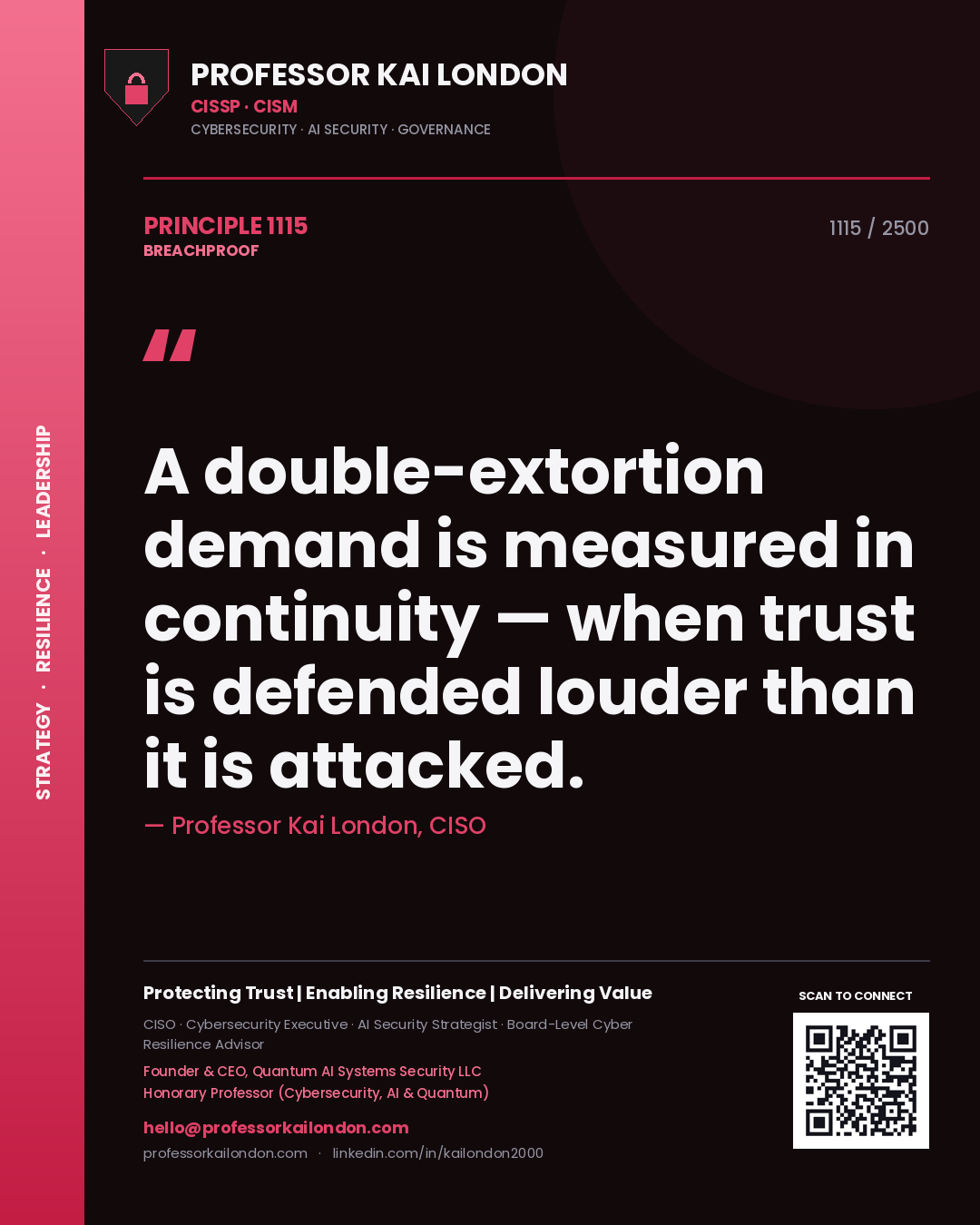 Quote card by Professor Kai London reading 'A double-extortion demand is measured in continuity — when trust is defended louder than it is attacked.'. From the book Breachproof.