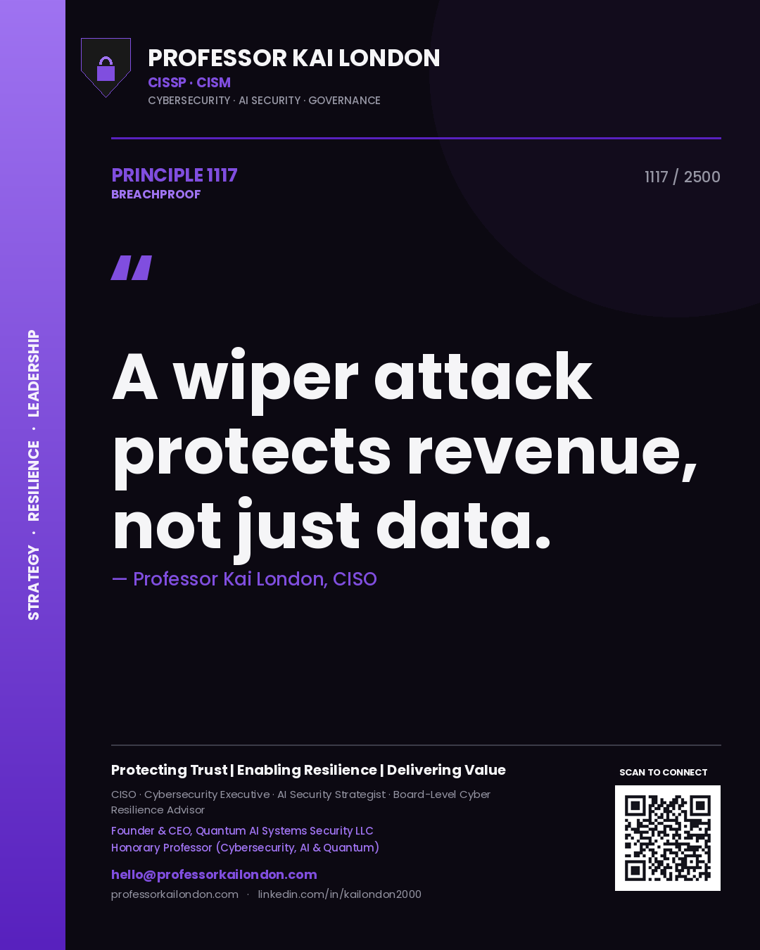Professor Kai London principle 1117: A wiper attack protects revenue, not just data.